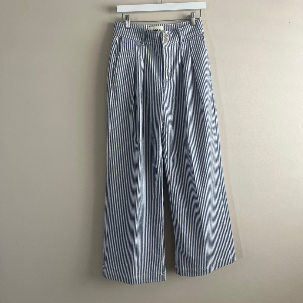 Boden Brompton Wide Leg Pants Blue White Stripe Pleated High Waist US 6 - Picture 2 of 8